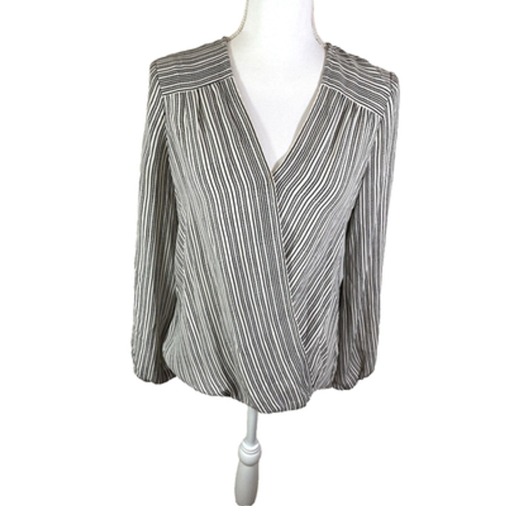 NWT Max Studio Ivory Black Stripe Long Sleeve High Low Twist Blouse Sz S